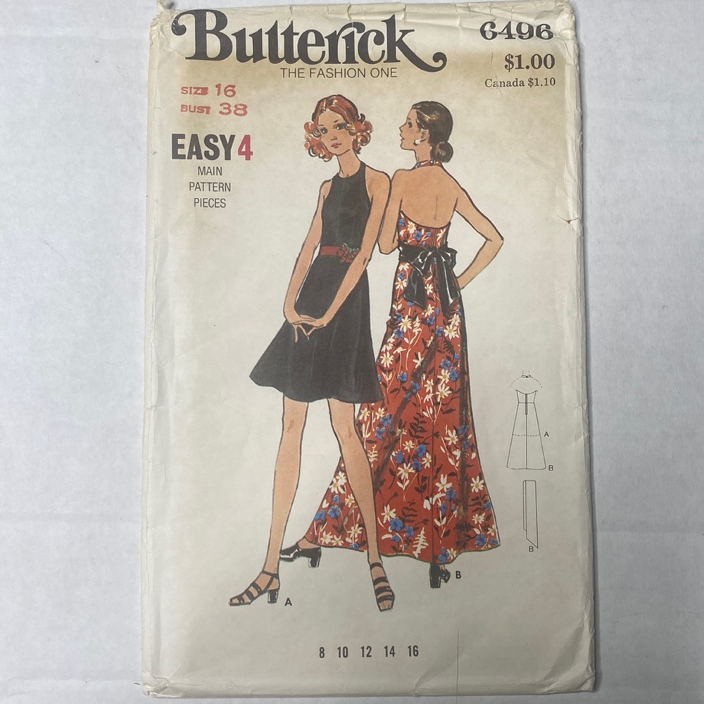 Vintage UNCUT Butterick 6496 Womens Size 16 Misses Evening Dress Sewing Pattern
